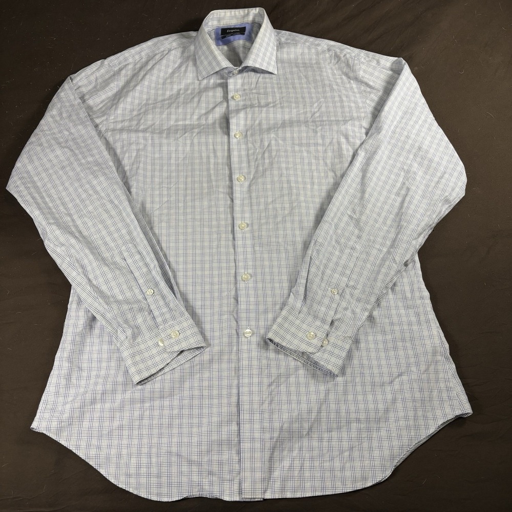 Esquire Mens 17 36/37 Tall Blue Check Dress Shirt Slim Fit Non Iron Button Up